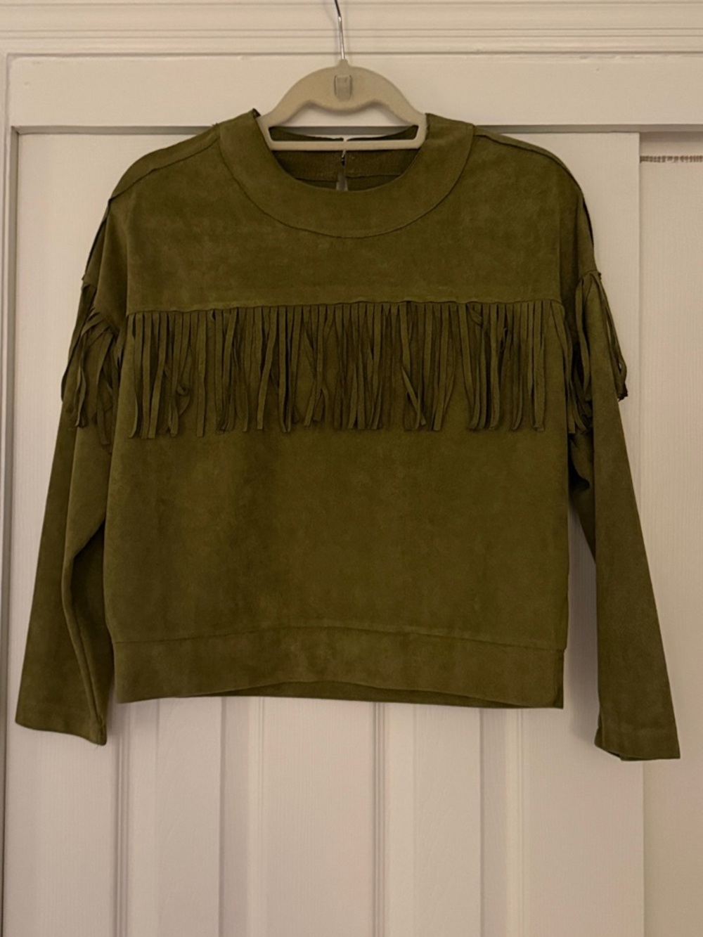 Vintage Olive Green Faux Suede Fringe Top